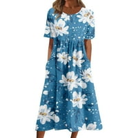 MIDI haljine za žene plus veličine fashio cvjetni posada kratkih rukava vrat u ruširanim džepovima casual ljetni