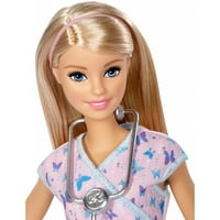 Lutka medicinske sestre Barbie s plavom kosom, ljubičastim ogrtačem i stetoskopom