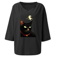 Ženske vrhove Odjeljne žene okrugli V-izrez casual pamučni džemper mačje majice majice gornje crne xs