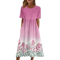 Ženske ljetne maksi haljine s kratkim rukavima s boho printom A kroja haljina s džepovima u ružičastoj boji a-line