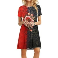 Ljetne haljine za žene s kratkim rukavima A kroja, kratka modna haljina s okruglim vratom s printom, crvena;