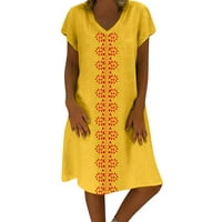 Ženska ljetna ležerna haljina od pamuka i lana s izrezom u obliku slova A i printom Plus veličine