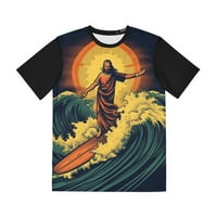Surfanje Isusa kroz valove i sunce muške poliesterske majice