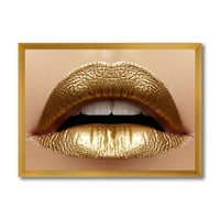 Dizajnerska umjetnost Izbliza ženskih punašnih usana sa zlatnim ružem uokvireni moderni umjetnički tisak