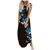 Ženska ležerna Maksi haljina bez rukava s džepovima s cvjetnim printom, duga široka Maksi haljina za plažu u plavoj