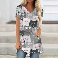 Slatki ljetni topovi za žene, bluze s izrezom i kratkim rukavima u obliku slova U, košulje s printom mačaka, ležerna