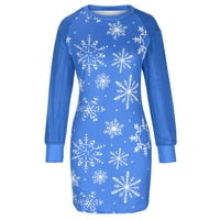 Božićne pripijene haljine za žene sa snježnim printom, Mini haljina s okruglim vratom s dugim rukavima, Plava;
