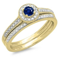 Set vjenčanih prstenova za vjenčanje od 14 karatnog okruglog plavog safira i bijelog dijamanta od 5,5 inča, žuto