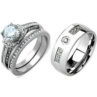 Njegov i njezin set ženskih okruglih zaručničkih prstenova od kubnih cirkonija od nehrđajućeg čelika, muški vjenčani