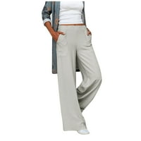 Ženske jednobojne pamučne lanene hlače s elastičnim strukom, široke široke hlače, Ležerne hlače