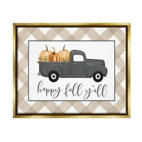 Sretna jesen svima vama, Vintage kamion koji prevozi bundeve, grafika od metalnog zlata s plutajućim okvirom,