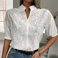 Ženska modna jednobojna košulja s izrezom u obliku slova U i ovratnikom, kratkim rukavima i vezenom čipkom, top