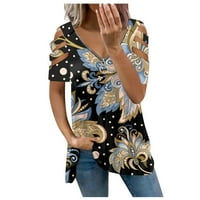 Ženske košulje ženska modna casual labavi print kratki rukavi s V-izrezom Zipper Off-rame Top Gold XL