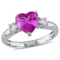 Ženski prsten od sterling srebra u obliku srca u obliku srca u obliku srca s ružičastim safirom i okruglim bijelim